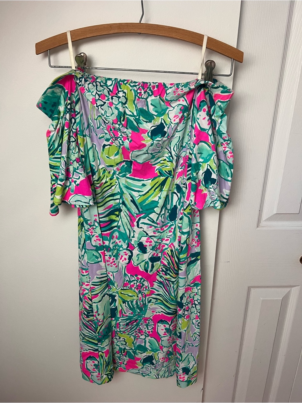 Lilly Pulitzer Off-Shoulder Tropical Print Dress in Hot Pink & Teal